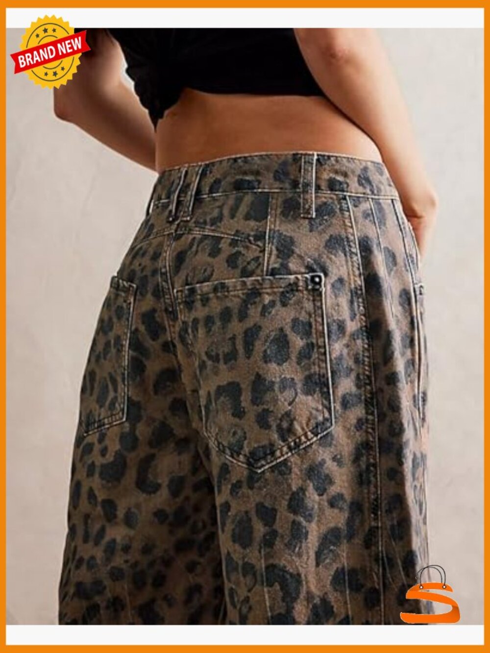 Mid Rise Wide Leg Cropped Barrel Leopard Print Y2k Baggy Denim Pants - Picture 4 of 7